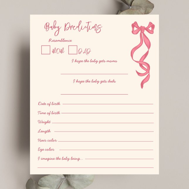 Pink ribbon baby prediction and advice game card (Pink ribbon baby prediction and advice game card baby shower games scribble hand drawn vintage bow )