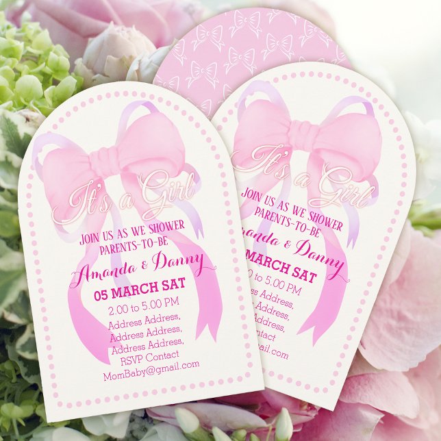 Pink Ribbon Baby Shower Arch White Invitation (Lovely Pink Ribbon Baby Girl Shower White Arch Card Design.)