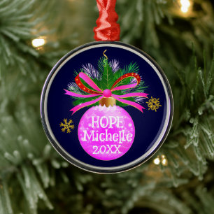 Pink Ribbon Bauble Metal Ornament