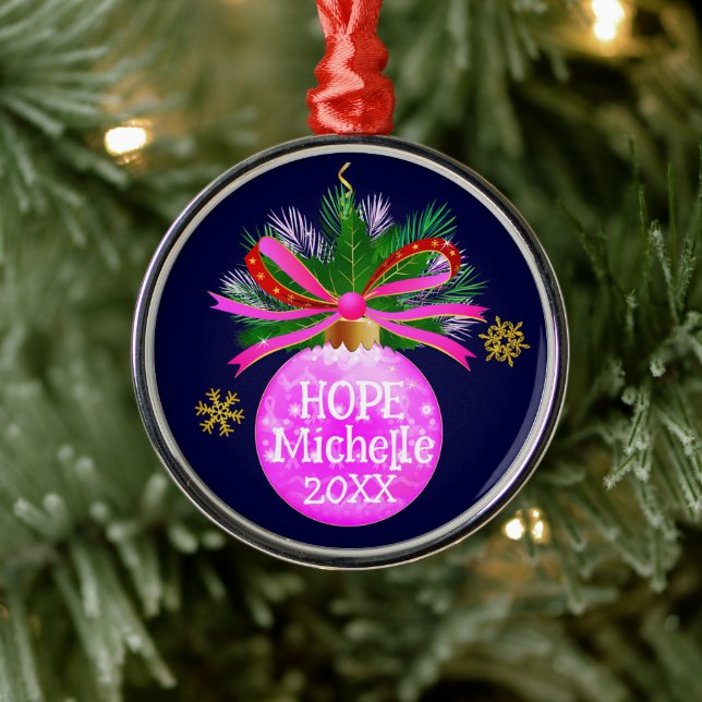 Pink Ribbon Bauble Metal Ornament (Tree)