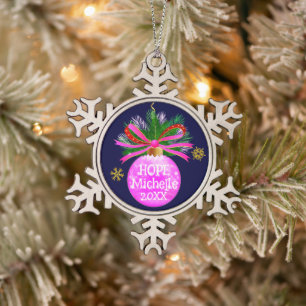 Pink Ribbon Bauble Snowflake Pewter Christmas Ornament