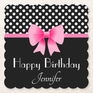 Pink Ribbon Black & White Polka Dots Birthday Paper Coaster