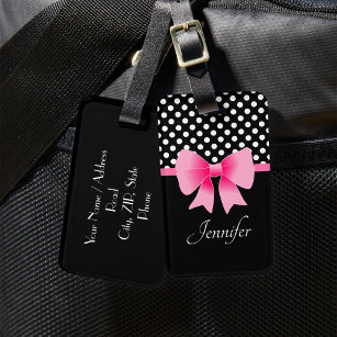 Pink Ribbon Black & White Polka Dots Luggage Tag