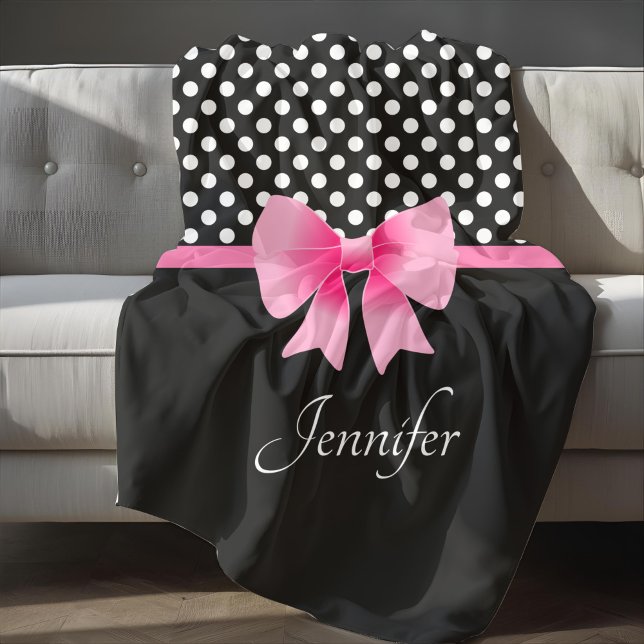 Pink Ribbon Black & White Polka Dots Name Fleece Blanket (Pink Ribbon Black & White Polka Dots Name Fleece Blanket)