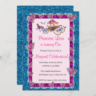 Pink Ribbon Blue Glitter Royal Princess Birthday Invitation