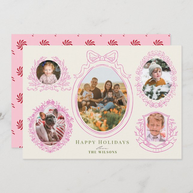 Pink Ribbon & Botanical Frames 5 Photo Holiday Card (Front/Back)