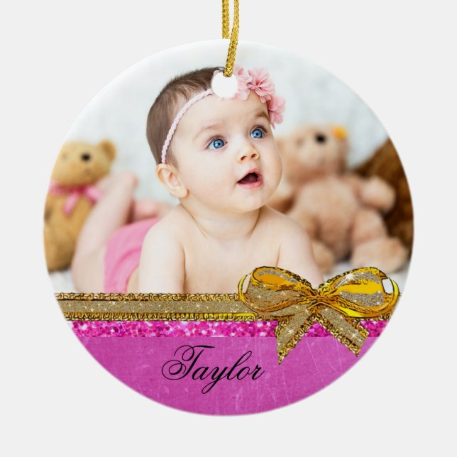 Pink Ribbon & Bow Baby Photo Ornament Keepsake (Front)