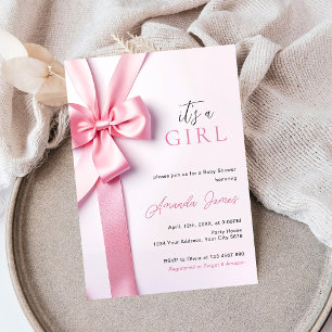 Pink Ribbon Bow Baby Shower It's a Girl Invitation