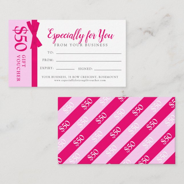Pink ribbon bow business gift $50 gift voucher card (Front/Back)