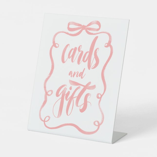 Pink Ribbon Bow Cards and Gifts Bridal Shower Pedestal Sign (Front)