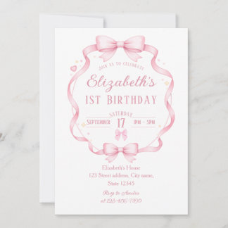Pink Ribbon Bow Coquette First Birthday Invitation