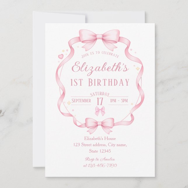 Pink Ribbon Bow Coquette First Birthday Invitation (Front)