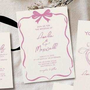 Pink Ribbon Bow Coquette Stylish Trendy Wedding Invitation