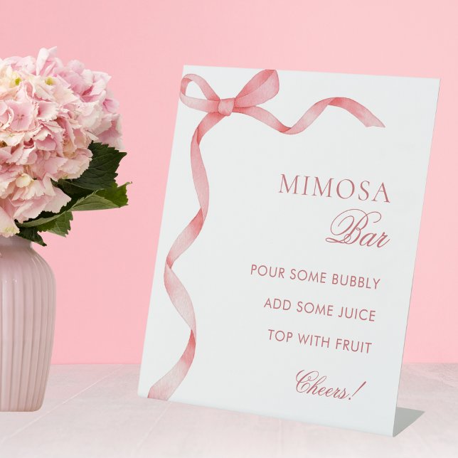 Pink Ribbon Bow French Bridal Shower Mimosa Bar Pedestal Sign (Creator Uploaded)