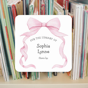 Pink Ribbon Bow girl baby shower bookplate Square Sticker