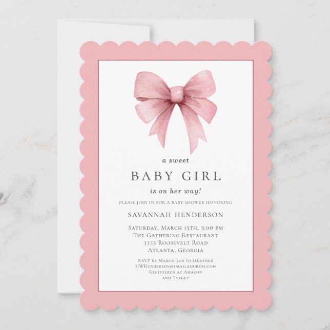 Pink Ribbon Bow Girl Baby Shower Invitation (Front)
