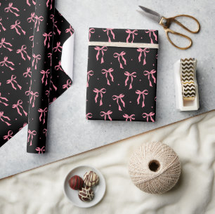Pink Ribbon Bow Pattern Black Color Wrapping Paper