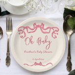 Pink ribbon bow scribble sketch baby shower paper plate<br><div class="desc">Pink ribbon scribble sketch handwriting font baby shower template paper plates personalised baby shower tableware,  modern quirky scribble whimsical illustration oh baby baby shower plates</div>