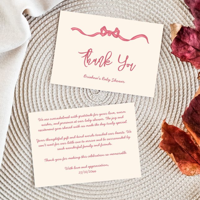 Pink ribbon bow sketch baby shower thank you card (Pink ribbon bow sketch baby shower thank you card whimsical handwritten baby shower thank you card)