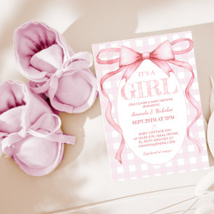 Pink Ribbon Bow Vintage Cute It's A Girl Shower  Invitation