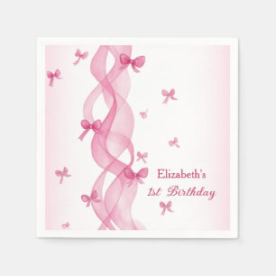 Pink Ribbon Bow Watercolor First Birthday Napkins