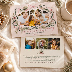 Pink Ribbon Bow Watercolor Pine Family Photo Holiday Card