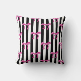 Pink ribbon bows on black and white stripes cushion