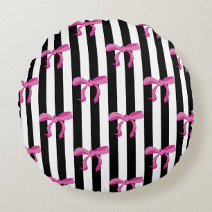 Pink ribbon bows on black and white stripes round cushion