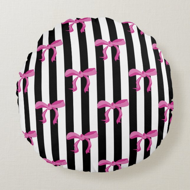 Pink ribbon bows on black and white stripes round cushion (Front)