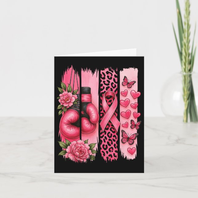 Pink Ribbon Boxing Gloves Leopard Breast Cancer Aw Card (Front)