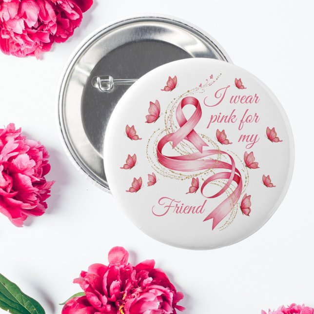 Pink Ribbon Breast Cancer Awareness 6 Cm Round Badge (I Wear Pink Butterfly Breast Cancer Awareness Ribbon Button)