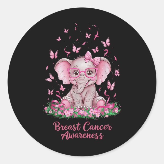 Pink Ribbon Breast Cancer Awareness Cure Elephant  Classic Round Sticker (Front)