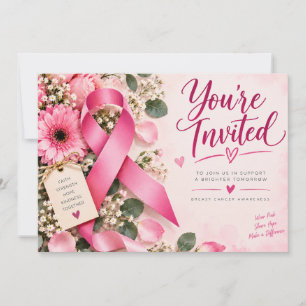 Pink Ribbon Breast Cancer Awareness Floral Invitation
