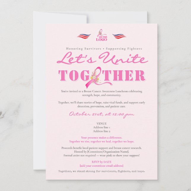 Pink Ribbon Breast Cancer Awareness Luncheon Invitation (Front)