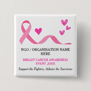 Pink Ribbon Breast Cancer Awareness Promotional 15 Cm Square Badge