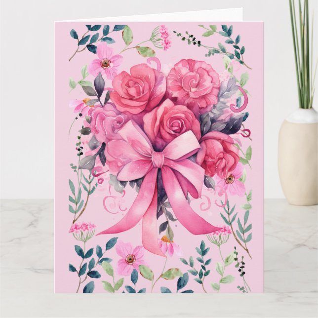 Pink Ribbon  Breast Cancer Awareness with flowers Card (Front)