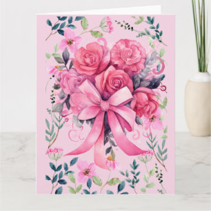 Pink Ribbon  Breast Cancer Awareness with flowers Card