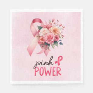 Pink Ribbon Breast cancer Awareness with Flowers Napkin