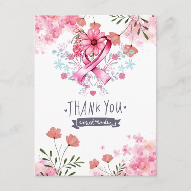 Pink Ribbon Breast cancer Awareness with Flowers Postcard (Front)