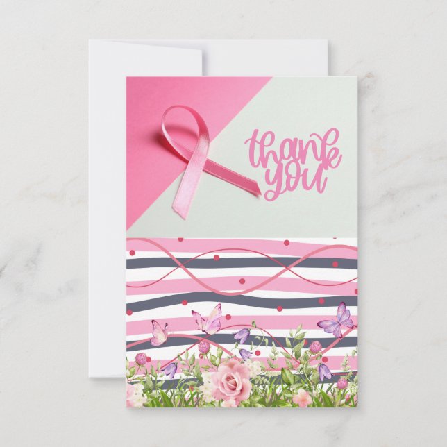 Pink Ribbon Breast cancer Awareness with Flowers Thank You Card (Front)