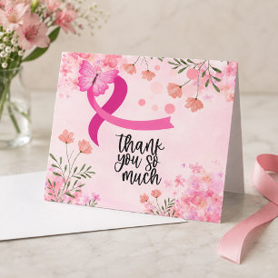 Pink Ribbon Breast cancer Awareness with Flowers Thank You Card