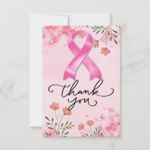 Pink Ribbon Breast cancer Awareness with Flowers Thank You Card
