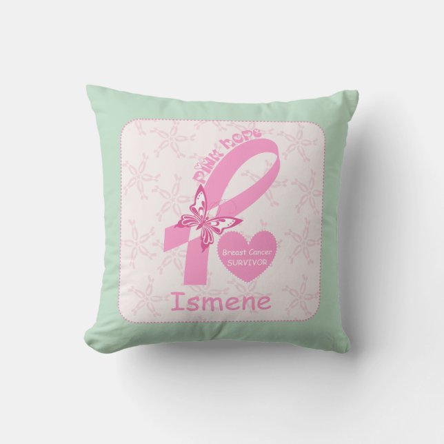 Pink Ribbon Breast cancer survivor mint border Cushion (Front)