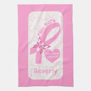 Pink Ribbon Breast cancer survivor & pink border Tea Towel