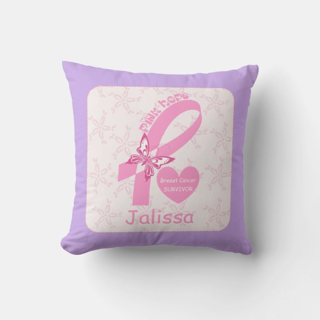 Pink Ribbon Breast cancer survivor & purple border Cushion (Front)