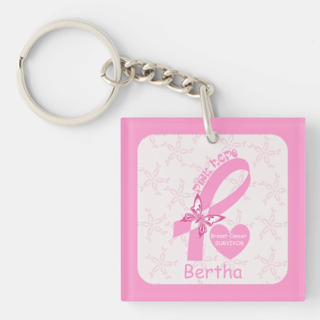 Pink Ribbon Breast cancer survivor & purple border Key Ring (Front)