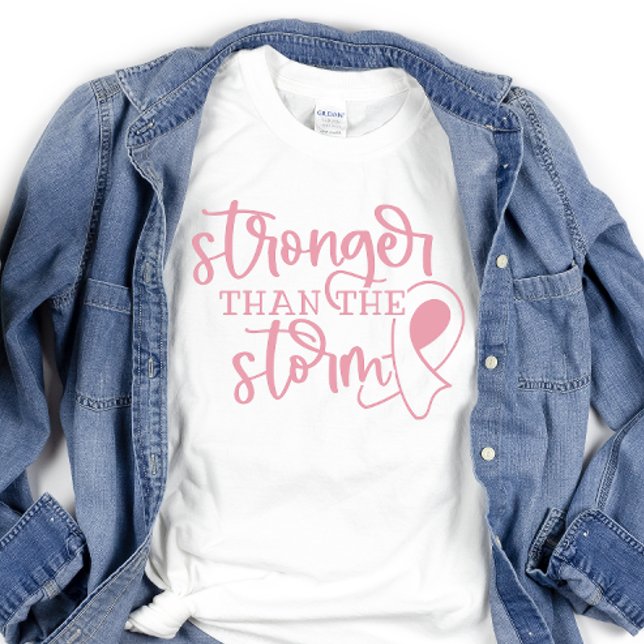 Pink Ribbon Breast Cancer T-Shirt (A pink ribbon t-shirt for breast cancer survivors and warriors that says "Stronger than the storm".)