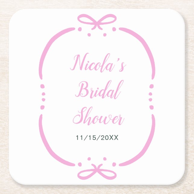 Pink Ribbon Bridal Shower Square Paper Coaster (Front)