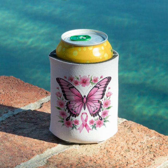 Pink Ribbon Butterfly Breast Cancer Awareness  Can Cooler (In Situ Pool)