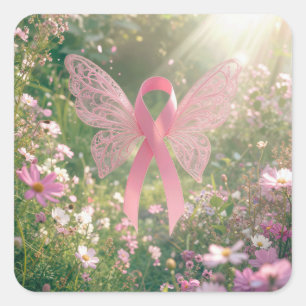 Pink Ribbon Butterfly in a Garden Square Sticker